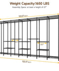 Diagram of Extra Large Industrial Pipe Clothing Rack with Shelves and Hanging Rods, 122 Inch Wide, 1650 Lbs Capacity
