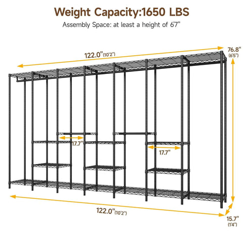 Diagram of Extra Large Industrial Pipe Clothing Rack with Shelves and Hanging Rods, 122 Inch Wide, 1650 Lbs Capacity
