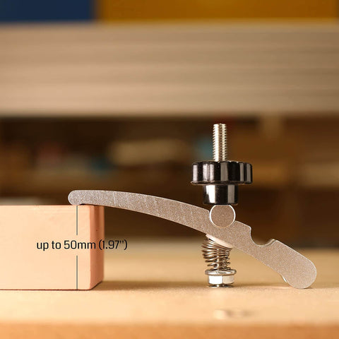 Side view of Two Pack T Track Hold Down Clamp Kit For Woodworking And Metalworking, showing height adjustment of up to 50mm.
