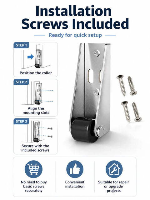 Installation guide showing Premium Heavy Duty Vertical Track Rollers for Silky Smooth Sliding Barn Doors and Cabinets, includes screws.