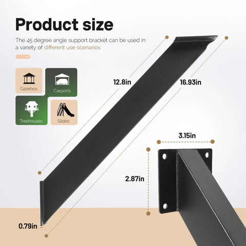 Set Of Four 45 Degree Angle Pergola Brackets Heavy Duty Connectors For Wooden Structures Gazebos Carports Treehouses And Slides Steel Powder Coated Black Outdoor DIY Essential with size dimensions
