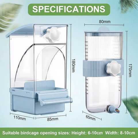 No Fuss Bird Feeder And Water Dispenser Set Packed With Automatic Clear Food Jar And Twelve Oz Drip Free Hydration Cup For Feathered Crew Like Parrots Canaries Lovebirds Budgies In Cool Blue Hanging Style specifications.