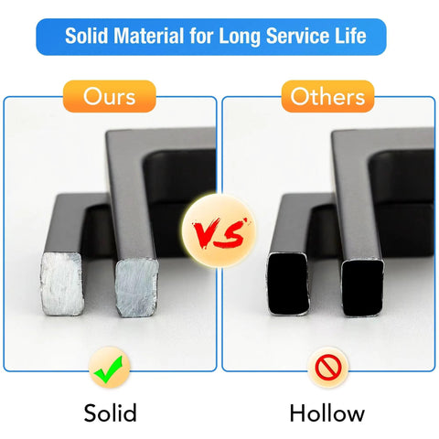 Comparison of solid vs hollow matte black kitchen cabinet handles showing solid material for durability.