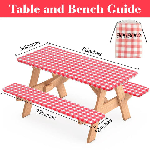 Three Piece Fitted Picnic Table Cover Set With Bench Covers Vinyl Tablecloth With Flannel Backing For 6ft Tables Outdoor Camping Red Checked