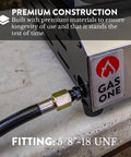 Low Pressure Propane Regulator And Three Foot Hose Kit for LP grills, showing 5/8" flare nut connected to appliance.