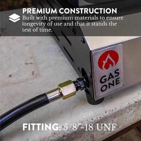 Low Pressure Propane Regulator And Three Foot Hose Kit for LP grills, showing 5/8" flare nut connected to appliance.
