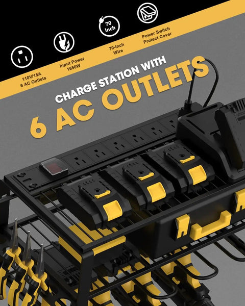 Wall Mount Power Tool Organizer With Six AC Outlets And Charging Station Three Tier Drill Rack For Garage Heavy Duty Tool Storage
