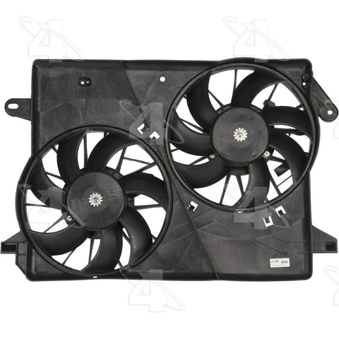 Heavy Duty Radiator And Condenser Fan Motor Assembly Direct Swap Auto Cooling Component with twin black fans and mounting bracket.