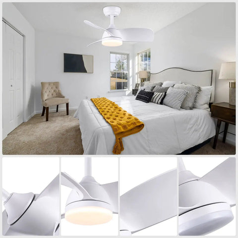 Dope 28 Inch Ceiling Fan With Lights And Remote Energy Efficient DC Silent Motor Indoor Outdoor Use Matte White Finish shown in bedroom