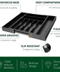 Premium Must Have Bamboo Kitchen Drawer Organizer With 9 Grooved Slots For Silverware And Utensils, black tray shown