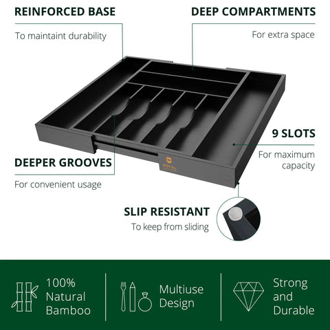 Premium Must Have Bamboo Kitchen Drawer Organizer With 9 Grooved Slots For Silverware And Utensils, black tray shown