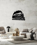 Dope Steam Locomotive Metal Wall Art For Living Room And Office Black 16 Inch Outdoor Decor Sign against grey wall in living room.