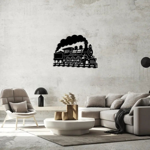 Dope Steam Locomotive Metal Wall Art For Living Room And Office Black 16 Inch Outdoor Decor Sign against grey wall in living room.