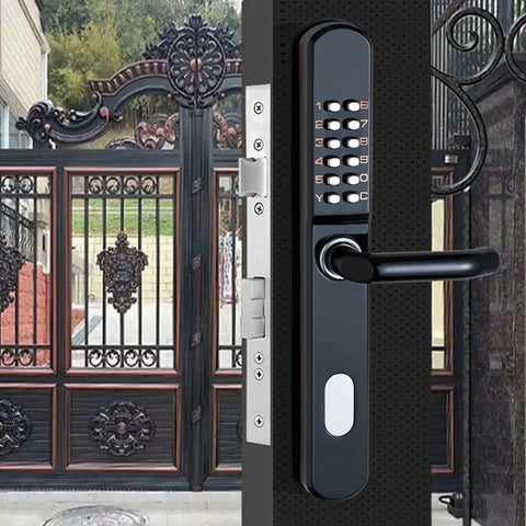 Heavy Duty Outdoor Door Lock With Sleek Keypad And Spare Key, Built Tough Battery Free Aluminum Alloy Gate Lock For Courtyard Entry, matte black finish image.