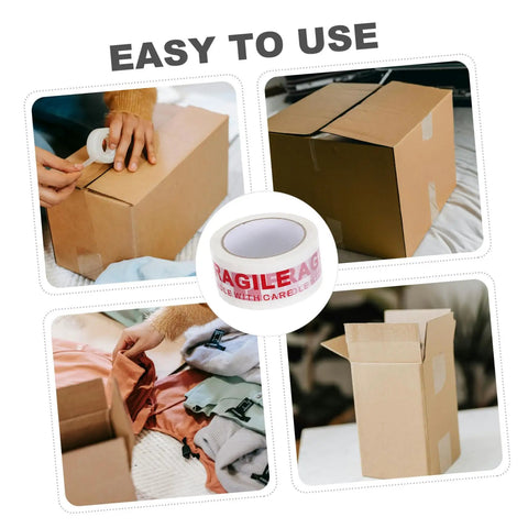 Fragile Warning Packing Tape Set With 5 Rolls, Heavy Duty Shipping Tape used on cardboard boxes, showing adhesive and handle with care label.