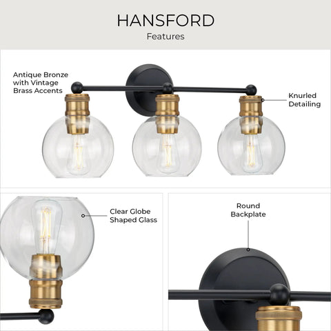 Coastal 3 Light Bath Vanity Light With Clear Glass Globes In Antique Bronze Finish, round backplate