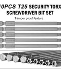 Tamper-Proof T25 Torx Bit Set With Case, 10-Piece Security Star Bits, 1/4 Inch Hex Shank, 4 Inch Length, shown in plastic case