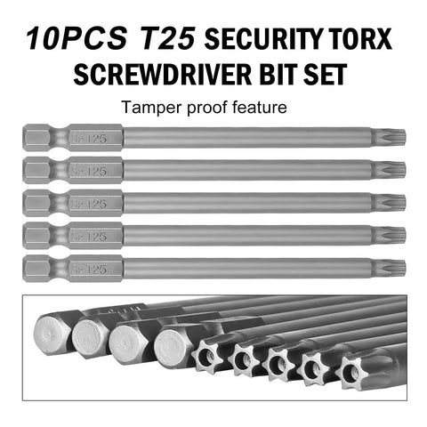 Tamper-Proof T25 Torx Bit Set With Case, 10-Piece Security Star Bits, 1/4 Inch Hex Shank, 4 Inch Length, shown in plastic case