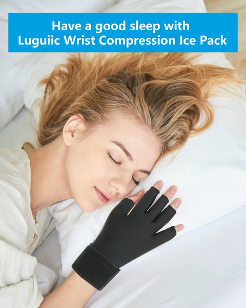 Woman sleeping while wearing Arthritis Relief Finger Ice Glove With Adjustable Wrist Strap For Women And Men for soothing sore hands.