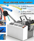 Auto Electric Heat Shrink Tube Cutter Machine for precise cuts, showing feeding mechanism and control panel, 0-100mm cutting width.