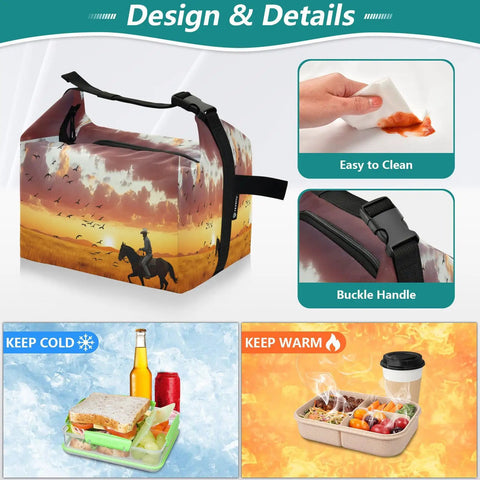 Desert Cowboy Ride Lunch Bag Insulated Tote For Women And Men High Capacity 9.4 x 6.7 x 9.8 Inches Leakproof Meal Cooler