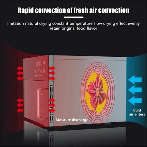 Durable 4 Layer Stainless Steel Electric Food Dehydrator With Smart Temp Gauge And Safe Heat Guard Design, showing airflow and moisture discharge.