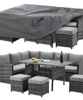 Outdoor Patio Table And Chair Set Cover Waterproof Large Grey Shield For 5 To 7 Piece Sets Fits 90.5 By 72.5 By 27.5 Inches Keeps Weather Out And Cushions Dry All Year, showing covered and uncovered wicker furniture arrangement.