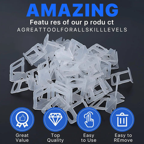 White plastic pieces of Pro Grade Tile Leveling Clips And Spacers Kit With Four Thousand Two Hundred Pieces For Ceramic Tile And Stone Installations Delivers One Thirty Second Inch Grout Gaps And A Smooth Easy Pro Leveling System on a dark background