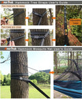 Guide showing how to set up lightweight camping hammock with mosquito net using tree straps. Steps illustrated for wide and close trees.
