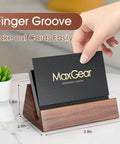 Hand placing card in Walnut Wood Card Holder And Desk Organizer For Storing And Displaying Cards, Sleek Mountain Style Card Stand With Non Slip Base For A Neat Pro Office Desk Setup.