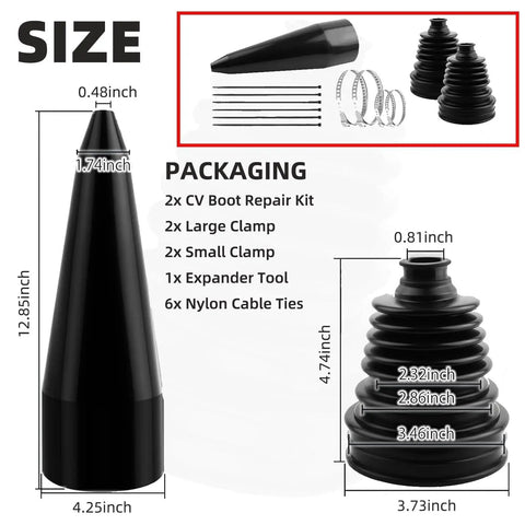 DIY Silicone CV Boot Repair Kit With Expander Tool And 4 Stainless Steel Clamps Fits 2.41, 2.81, 3.43 Inch Calibers shown with dimensions