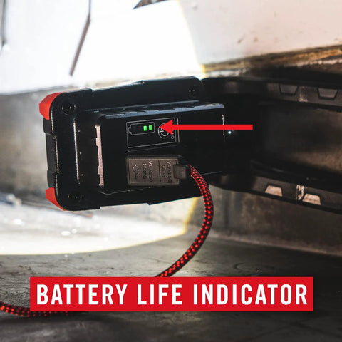 Battery life indicator on Rechargeable Dual Power LED Work Light With Magnetic Clamp 1750 Lumen Bright Flood Beam 360.
