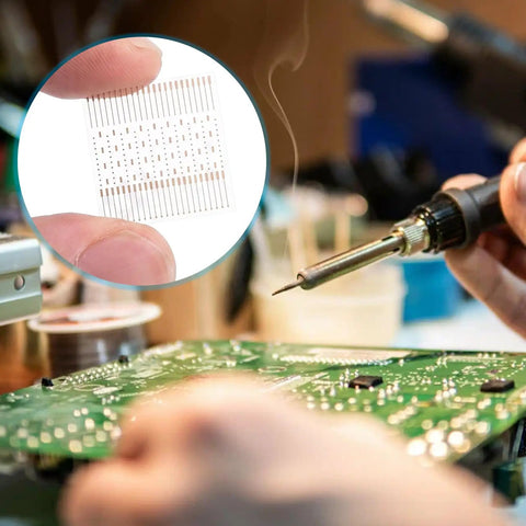 Close-up of No-Trace 208 Dots Solder Pad Repair Kit For PCB Trace Repair And Mobile Phone Soldering Lugs in use on circuit board
