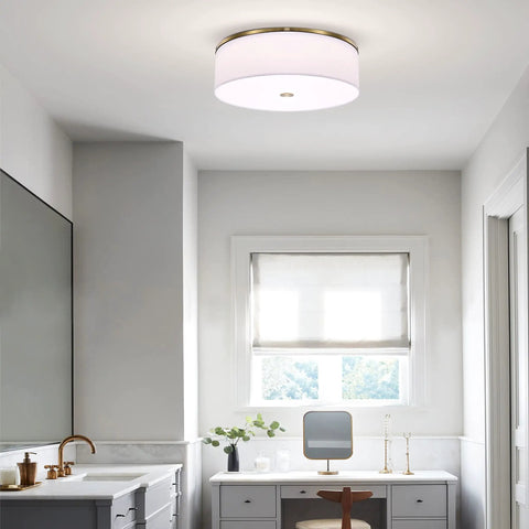 Antique Brass Drum Linen Flush Mount Ceiling Light, 20 Inch LED Fixture in modern bathroom, 2000 Lumens, Color Temperature Switchable