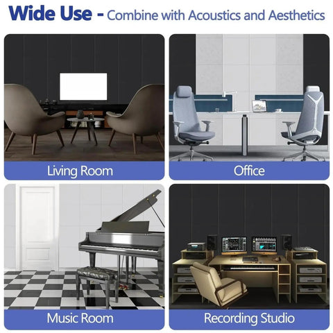 Self Adhesive Soundproofing Panels 12 Pack Square Acoustic Foam For Walls in living room, office, music room, and recording studio settings.