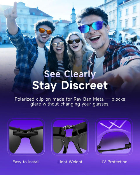 Group wearing Four Pack Polarized Clip On Lenses For Meta Wayfarer Regular Size RW4008 RW4006 RW4012, outdoor view with UV protection visuals