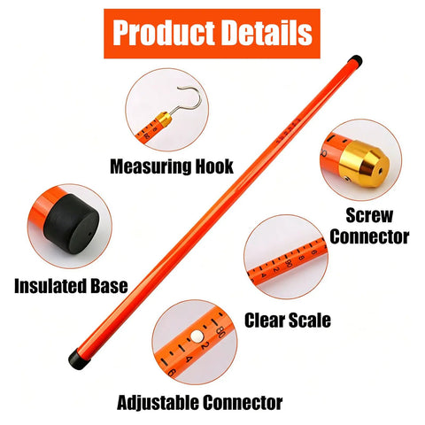 Adjustable Surveying Rod Pro-Grade Aluminum Pole with measuring hook, insulated base, screw connector, clear scale, adjustable parts