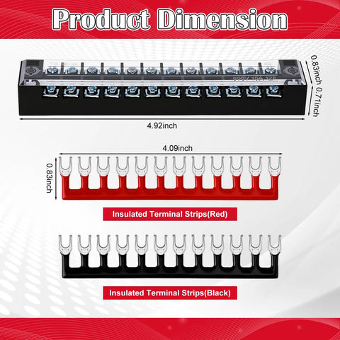 Dimensions of 20 Pcs 10 Sets Terminal Block 12 Position Dual Row 15A 600V Screw Terminal Strip with red and black strips
