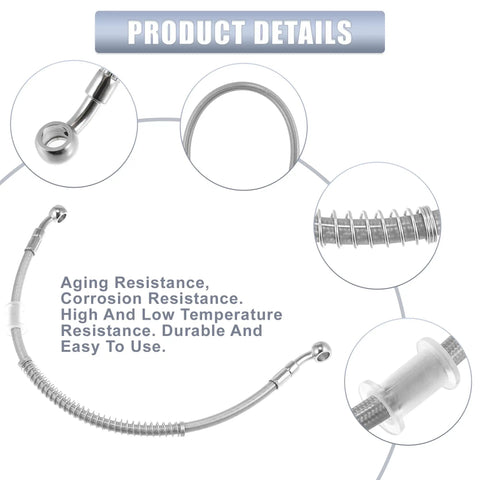 Close-up details of 15.75 Inch Stainless Steel Braided Hydraulic Motorcycle Brake Line For ATV Motocross And Sport Bikes Beefed Up 10mm Inner Diameter 40cm Length Two 28 Degree Banjo Ends Silver Tone.
