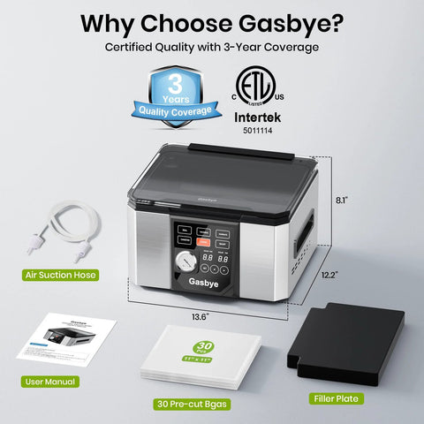 Gasbye chamber vacuum sealer, stainless steel with black lid; 5.3 qt chamber, front panel, includes hose and 30 bags