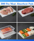 100 Piece Meat Absorbent Pads 4x7 Inch White Food Grade Soaker Pads For Meat And Fish Packaging with foods displayed