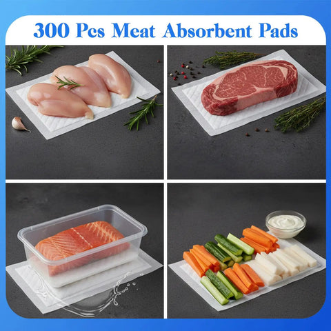 100 Piece Meat Absorbent Pads 4x7 Inch White Food Grade Soaker Pads For Meat And Fish Packaging with foods displayed