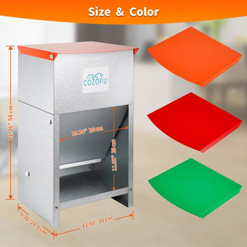Heavy Duty Galvanized Dog Feeder Bowl Station For Indoor Outdoor Use With 25 Pound Gravity Fed Kibble Dispenser dimensions and colors