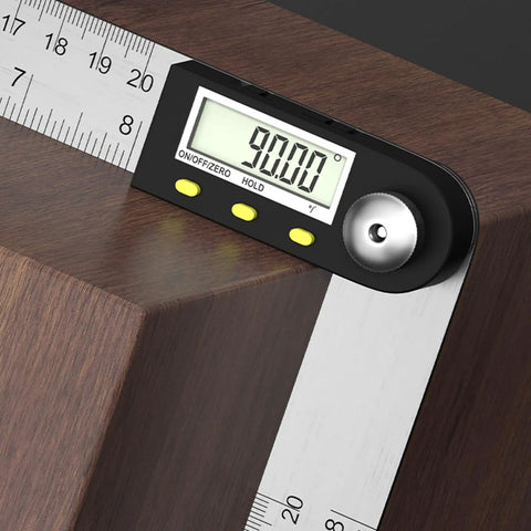 Hardcore Stainless Steel Digital Protractor With Bold Lcd Screen For Spot On 360 Degree Angle Measuring In Construction And Woodworking Gonna Help You Nail Every Cut Perfectly on wooden surface measuring 90 degrees.