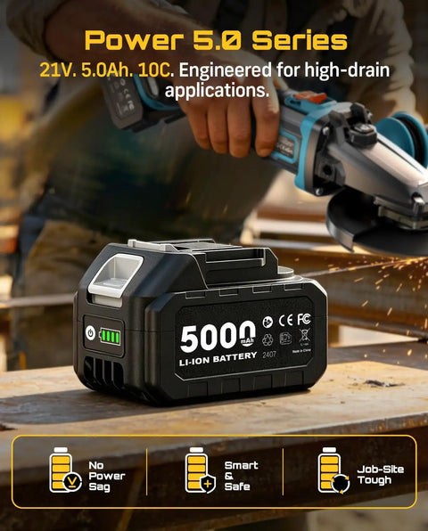 Flathead Brushless Cordless Angle Grinder Kit With Five Amp Hour Battery And Fast Charger displayed on workbench