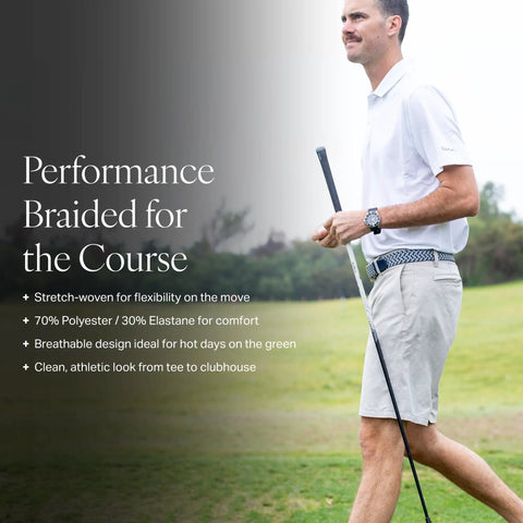 Man golfing wearing Braided Golf Ratchet Belt For Men With Adjustable Stretch Fit Up To 50 Inch Waist Cool Grey 35mm Strap