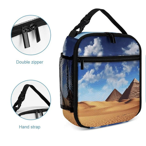 Insulated Reusable Lunch Box With Side Pocket And Detachable Handle For Work, Picnic, Camping featuring desert design and double zippers