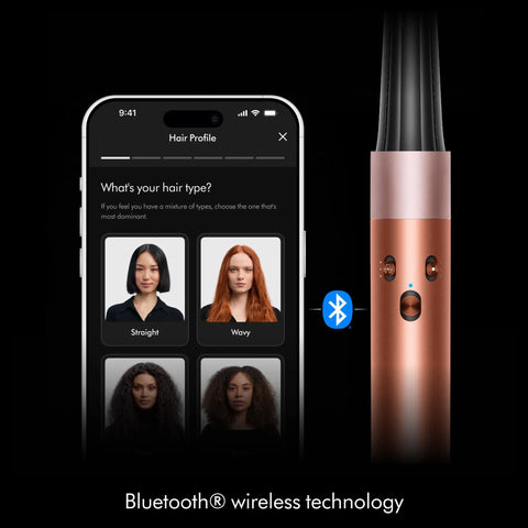 Airwrap I.D. Multi Styler 6-In-1 Hair Tool With App Control showing app interface on phone screen.
