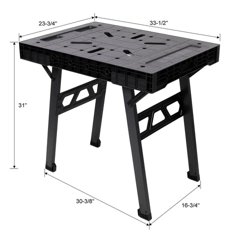 Portable Folding Workbench With 1650 Lbs Capacity Heavy Duty Work Table for garage shop or home, dimensions shown, multi functional black