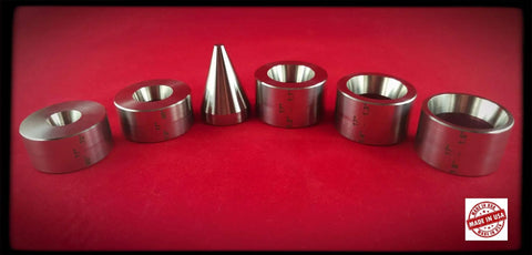 17 Degree Five Piece Folding Die Set With Stainless Steel Folding Cone For Coin Ring Reduction, aligned on red surface